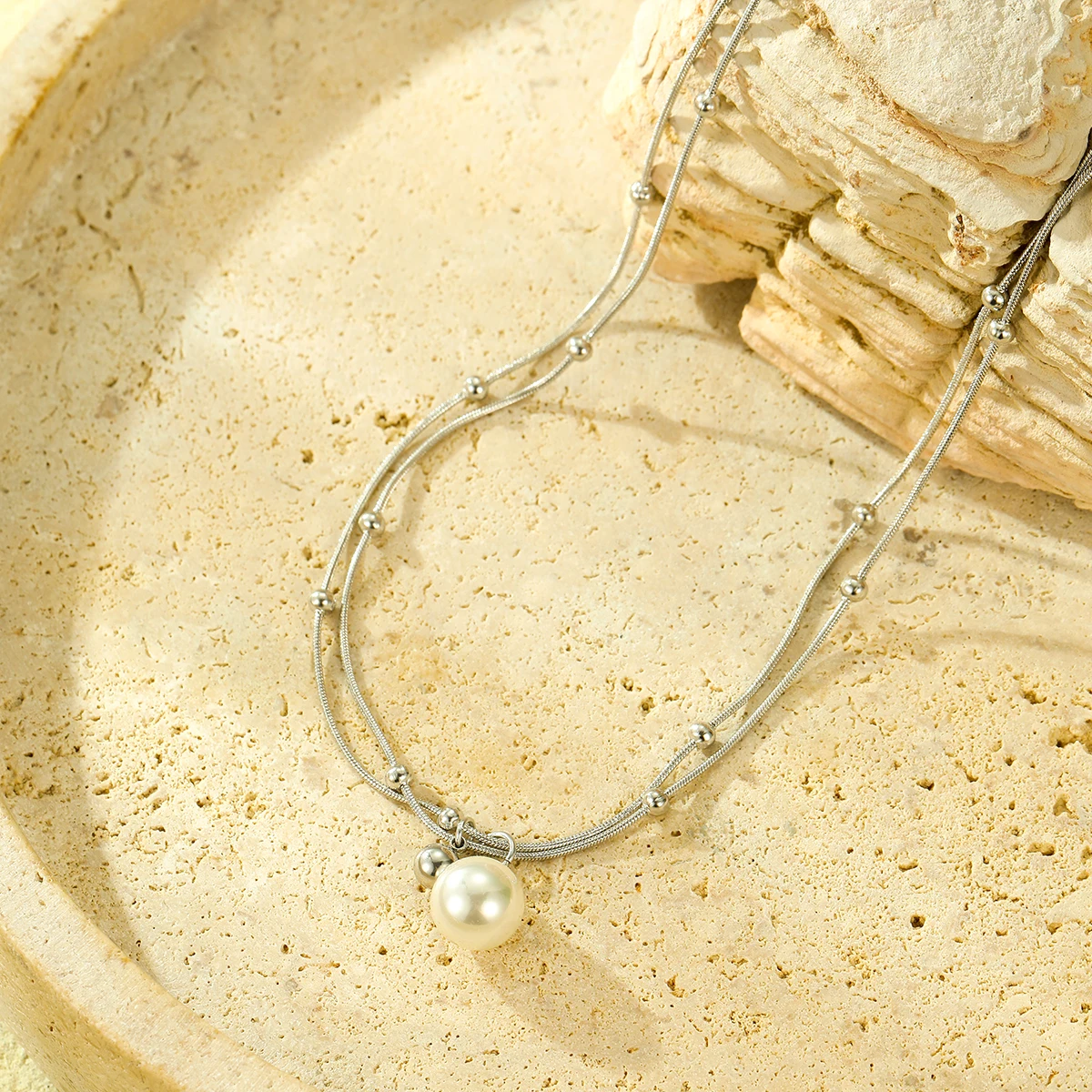 New Trendy Dainty snake Chain Stainless Steel waterproof Double Satellite chain Choker Pearl Pendant Multi Layer Pearl Necklace