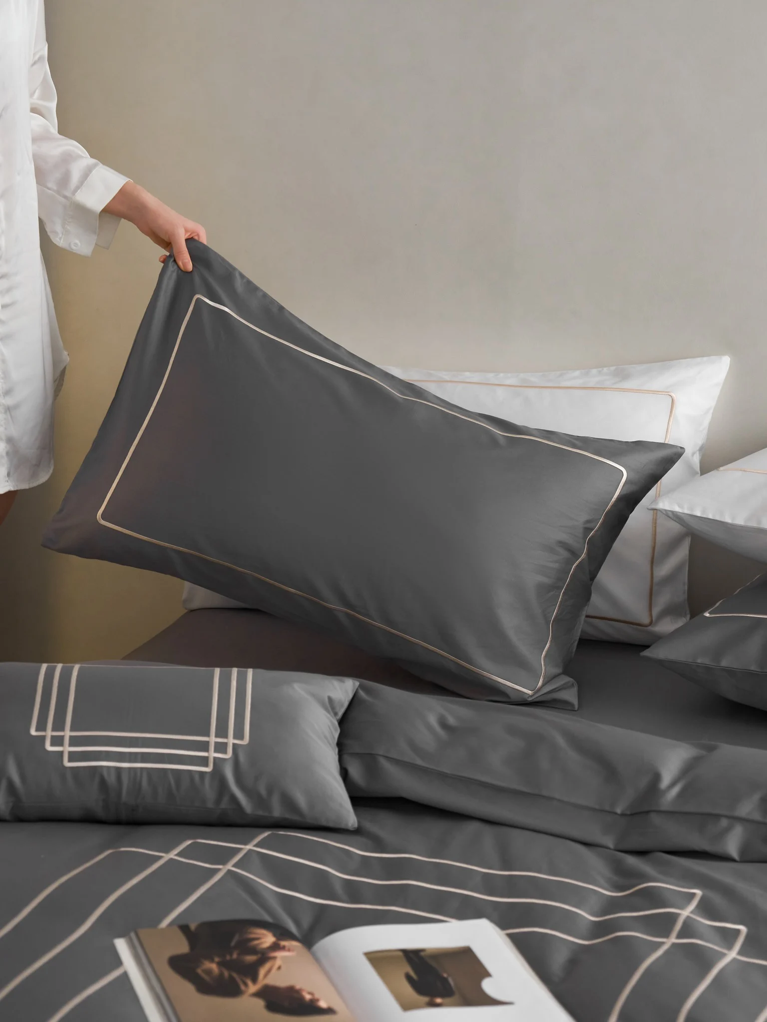 SANHOO Hotel Bedsheet Modern Grey Percale Queen King Hotel Linen Bedding Set 100% Cotton