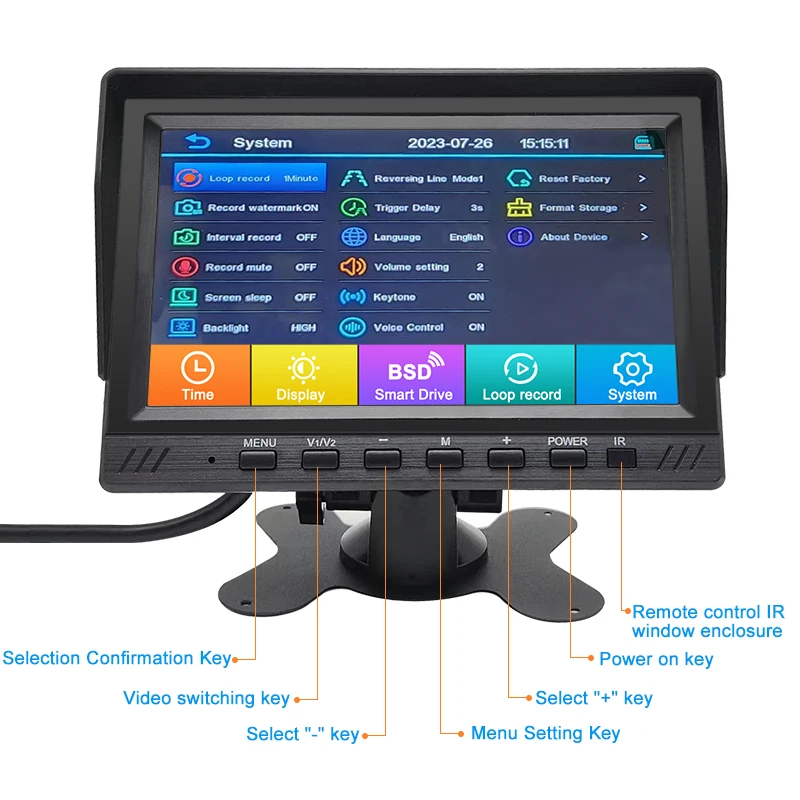 7 inches two splits record display BSD 2 channels truck camera recorder system car monitor with alarm