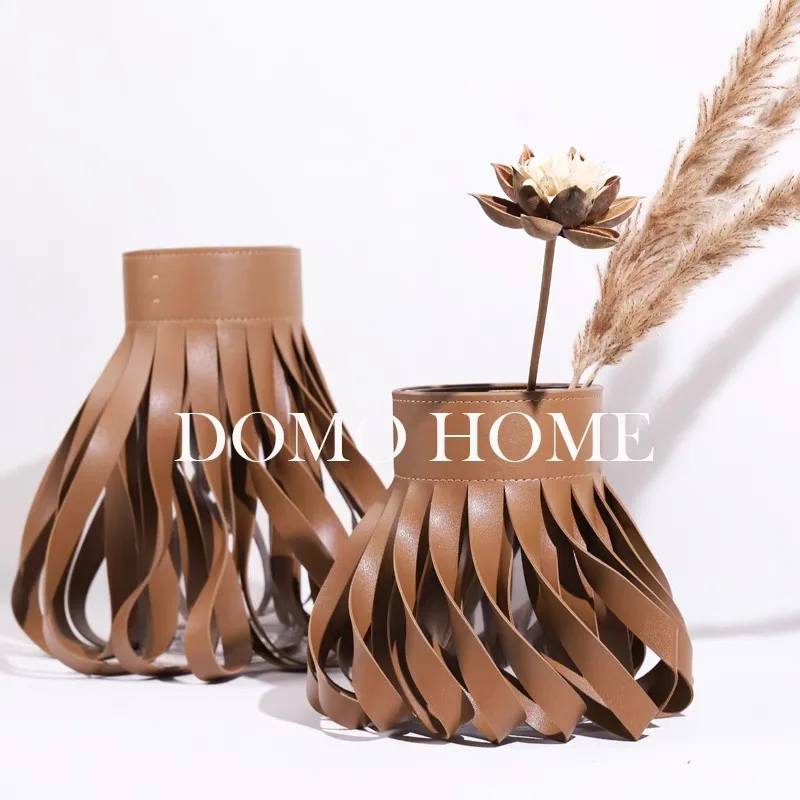 Flower Vase Leather Centerpiece Flower glass vase Eco-friendly leather cover Flower Pot Holder Shelf Decorative Home Decor