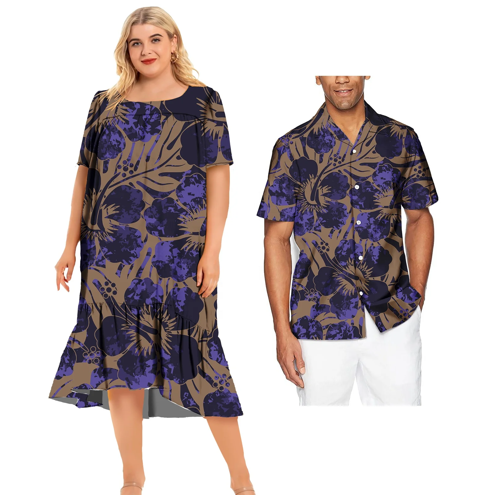 2024 Polynesian Samoan Tribal Design Custom Retro Style Female Frill Dresses aloha shirts Trendy Party Dress Couples Dress