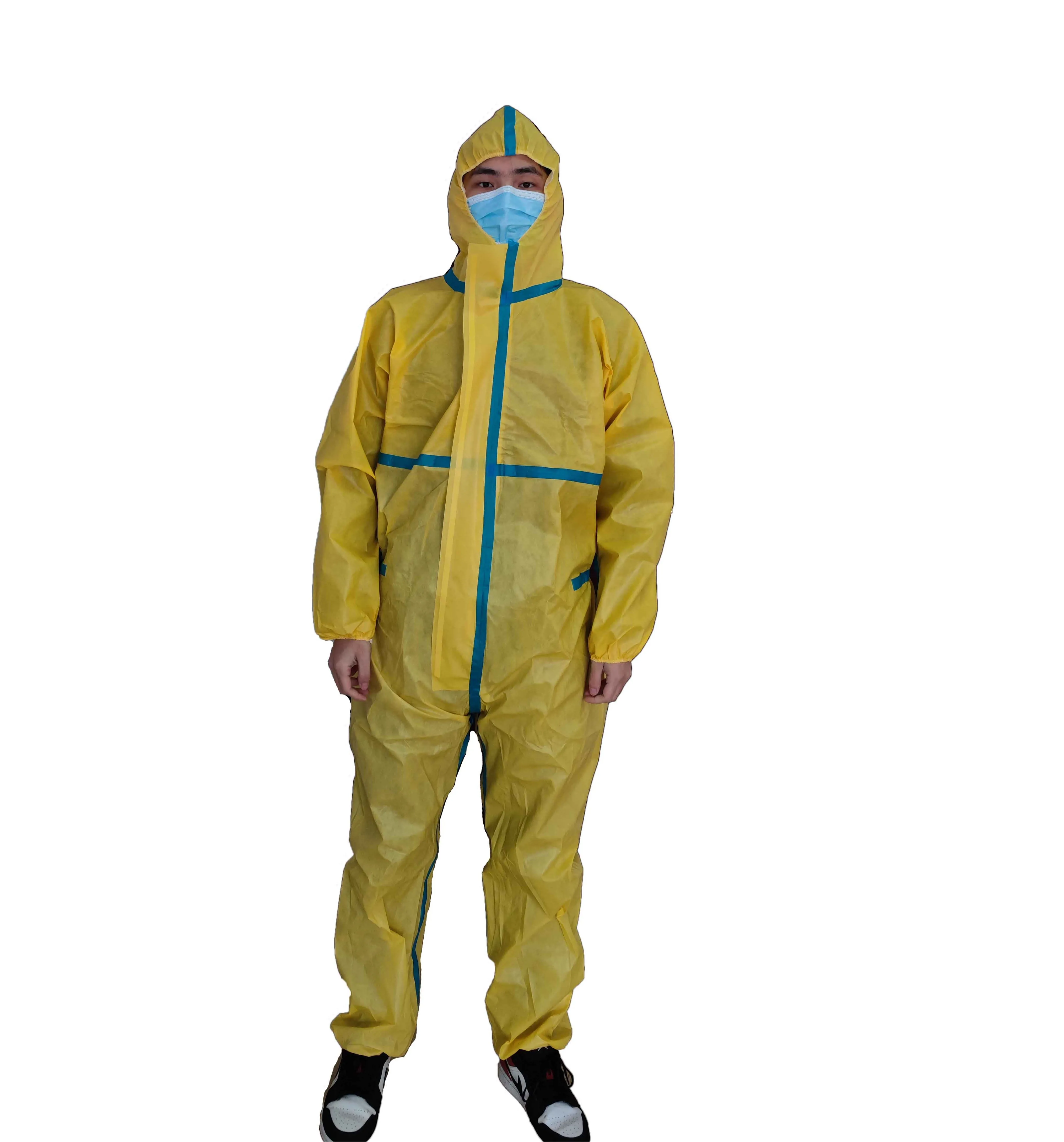 free sample supplied yellow anti acid base resistance chemical safety coverall jumpsuit working overalls 100gsm with blue tape