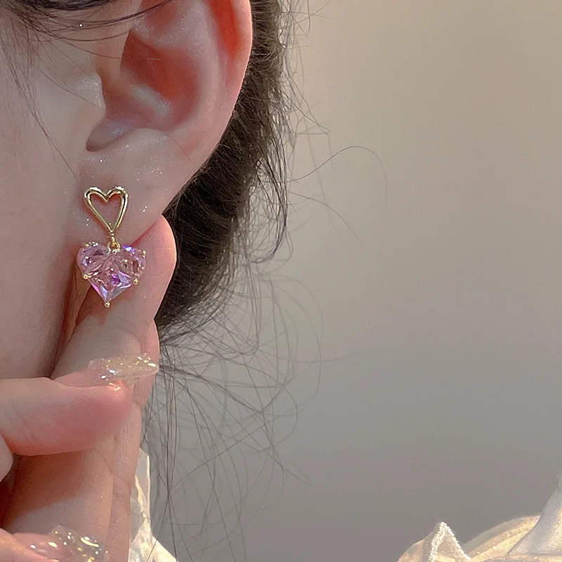 Корейские 925 Серебряные иглы дизайнерские украшения Розовое сердце любовь циркон серьги ожерелье набор ювелирных изделий медное покрытие 14 карат настоящее золото