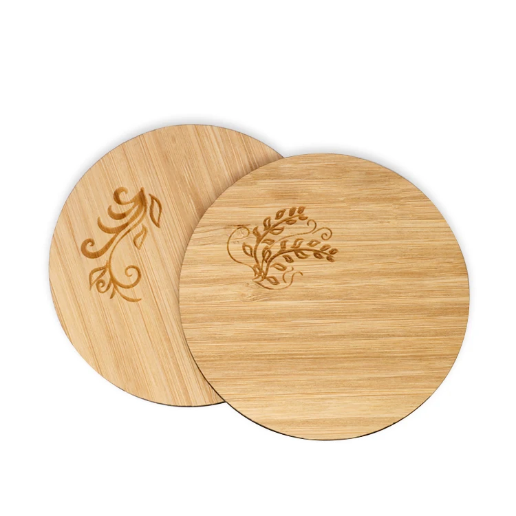 Laser cut and laser engraved round Bamboo wood cup coaster for drink