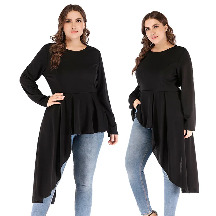 Women Fall Tunic Plus Size Round Neck Long Sleeve Irregular Hem Top Women