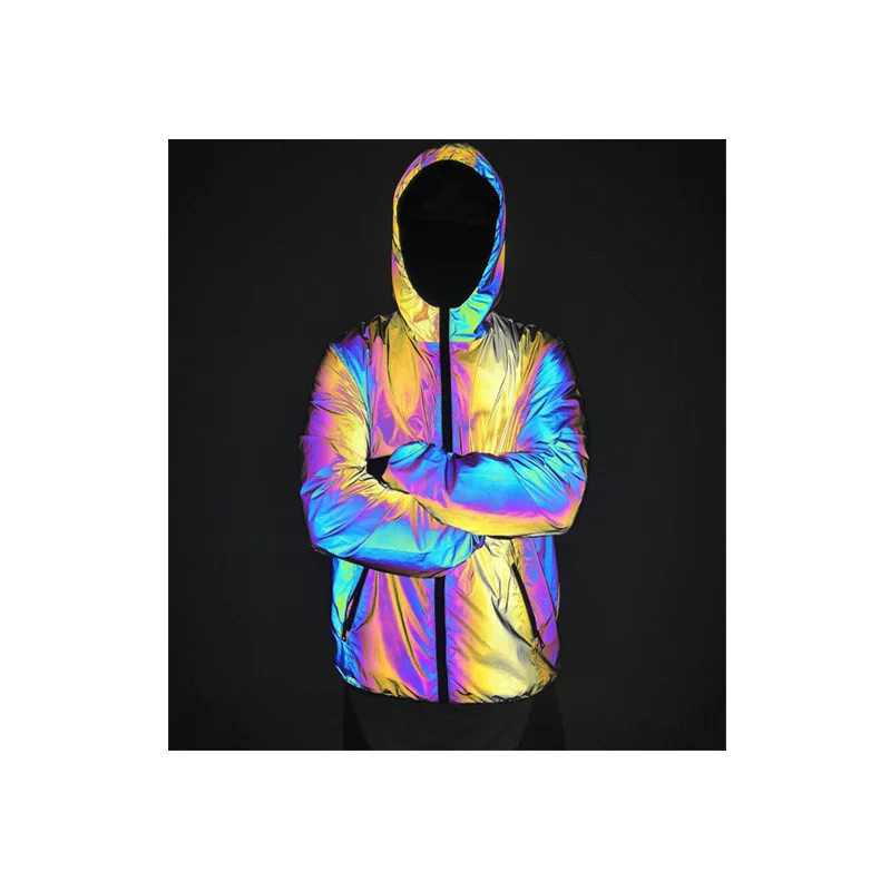 hi vision fashionable glow in dark rainbow colorful soft washable breathable custom logo hip hop black reflective jacket clothes