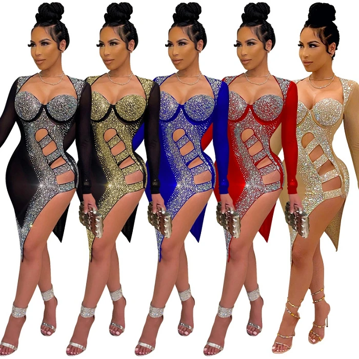 S-3XL long sleeve corset rhinestone nightclub clothes hollow out irregular sexy  club party prom dresses women