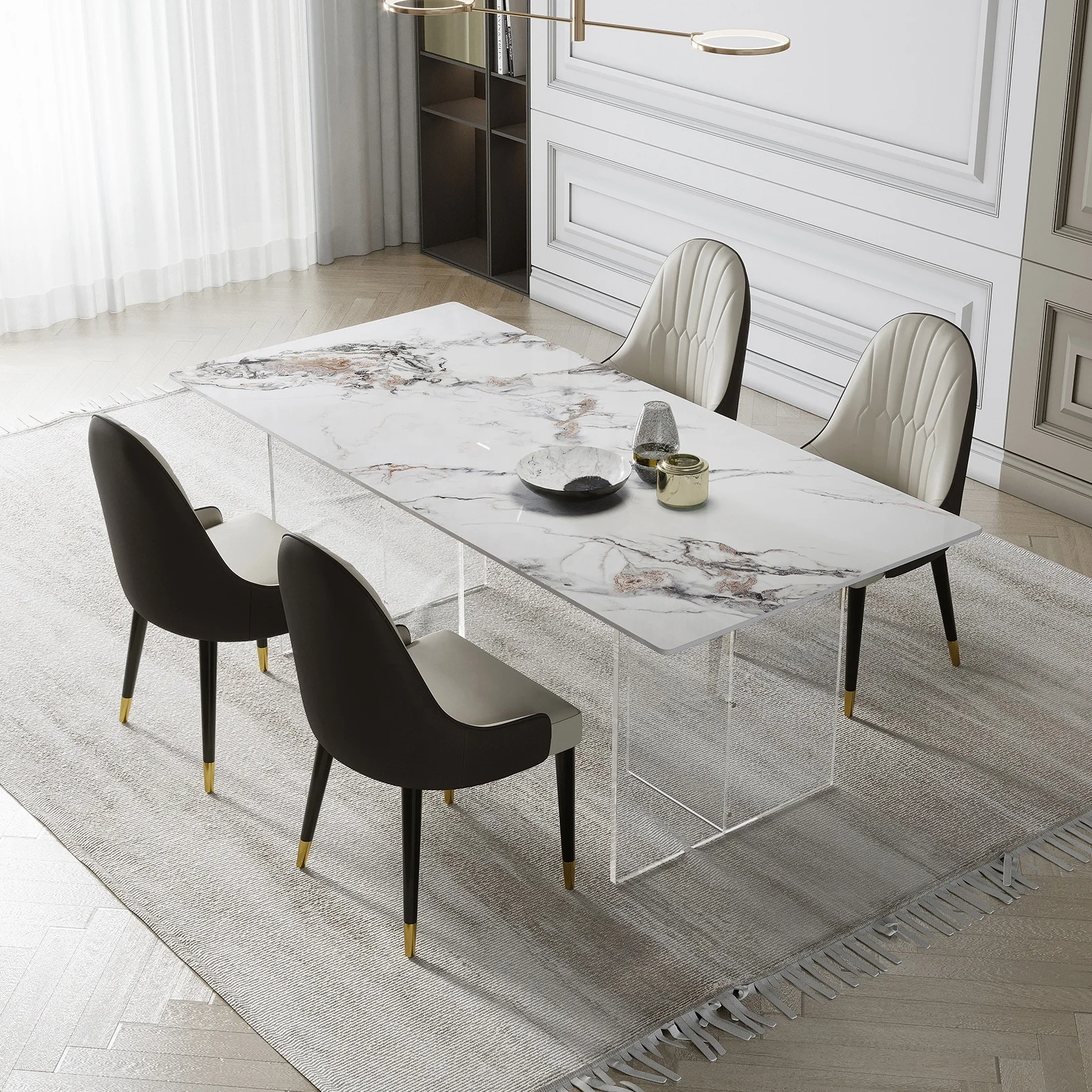 Modern simple luxury restaurant art furniture 4 or 6 people family dining table rectangular stone acrylic table