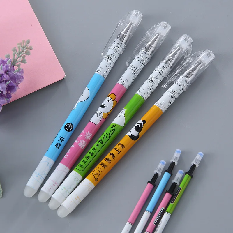 Hot Sale Cartoon Printed Plastic Temperature Roller Ball Gel Ink Heat Erasable Ball Pen with Rubber Eraser