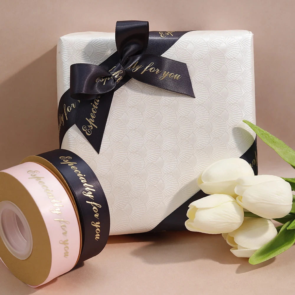 Custom Gift Wrapping Embossed rose gold Printed Recycled 100% Polyester Pink Grosgrain Satin Ribbon With Logo Brand