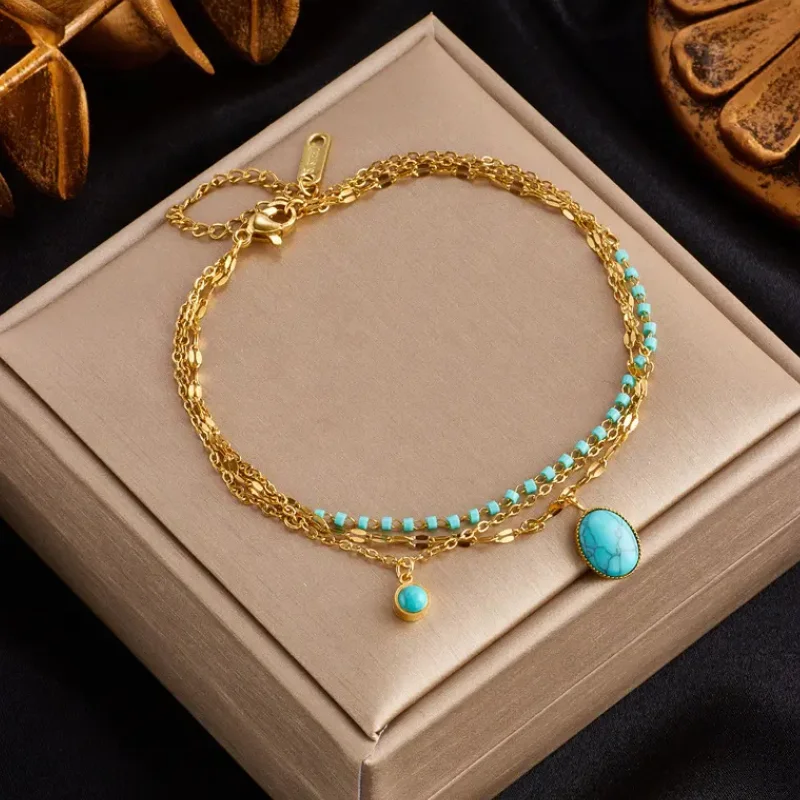 Wholesale Trend Jewelry Gemstone Bracelet Fashion Non Tarnish Stainless Steel Muti Layer Turquoise Link Chain Bracelet For Women