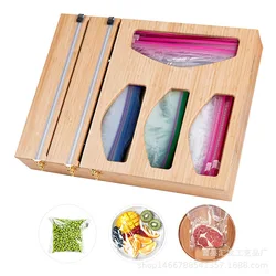 Wall Mount Bamboo Wrap Foil And Plastic Ziplock Food Ziplock Zip Lock Bag Storage Organizer And Dispenser With Cutter And Labels