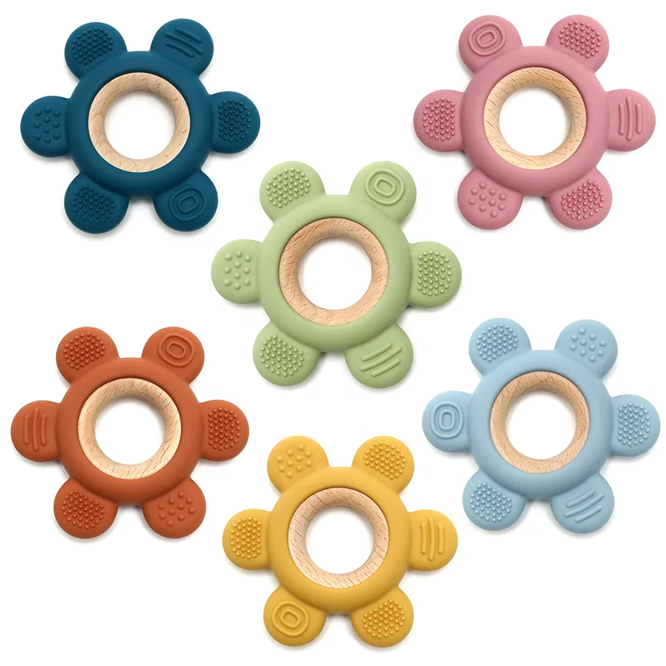 new baby toys Kids teether christmas Bpa free cactus hand non-toxic wooden teether ring flower rudder chew silicone baby teether