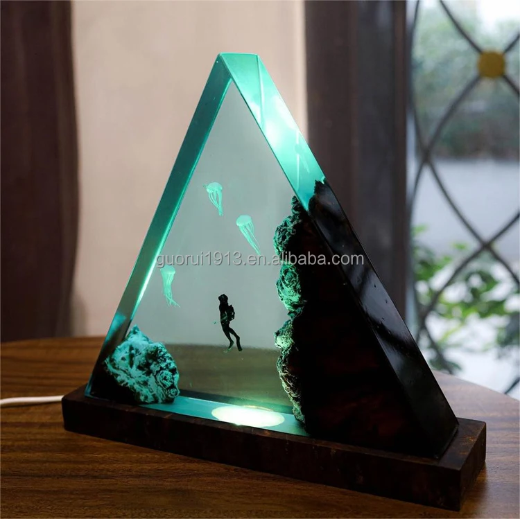 Hot selling DIY triangle wood resin ocean style night light 3D Jellyfish diver handmade lamp LED decoration gift light