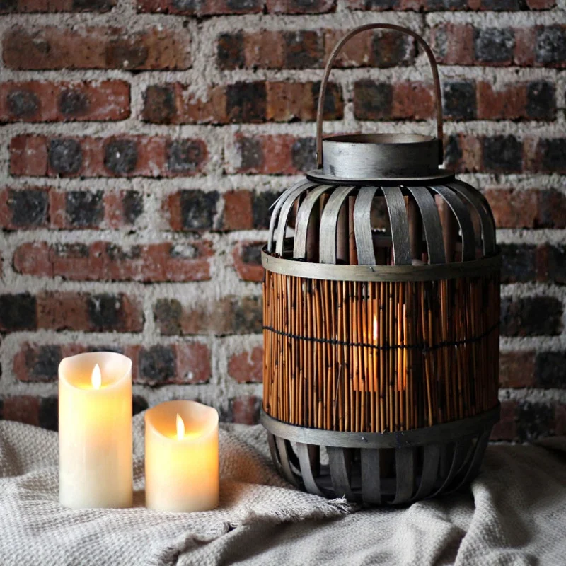 Wooden Striped Bamboo Lantern with LED Flameless Candle Indoor Wind Lantern