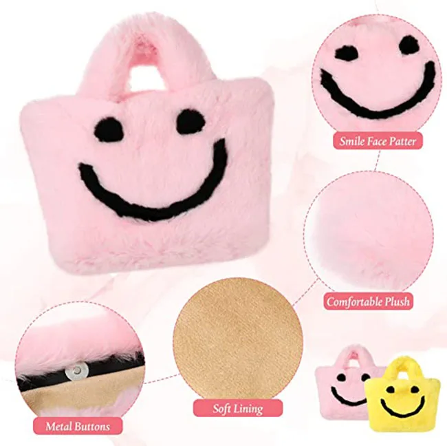 3183 Cute Fluffy Yellow / Pink Smile Face Design Plush Women Handbag Portable Faux Fur Clutch Tote Bag Girls Gift Plush Bag