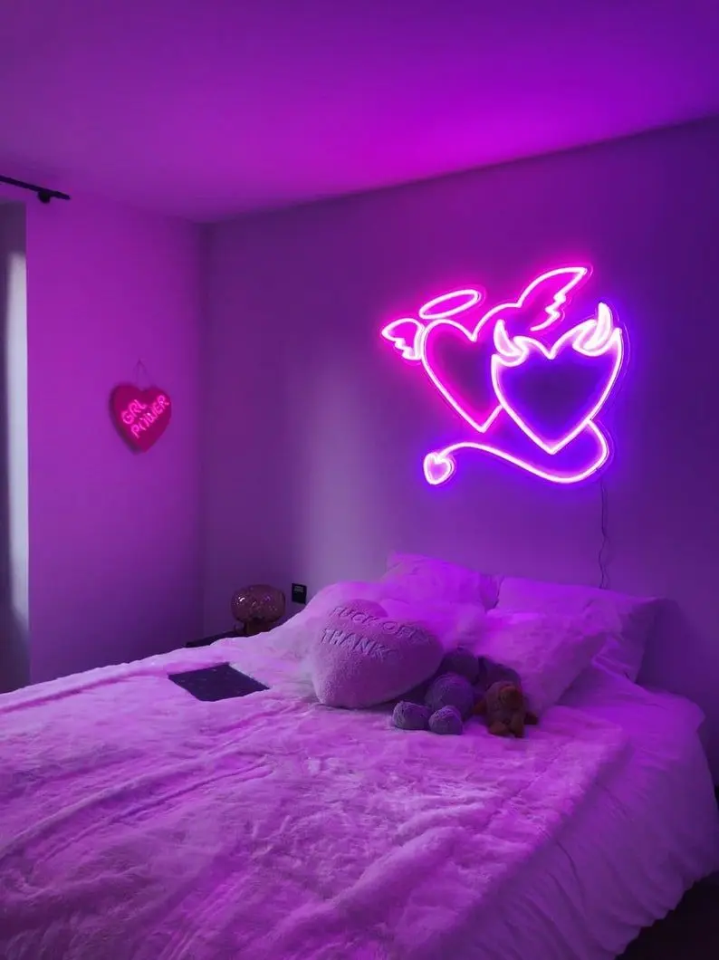 Custom Lighted Vivid Arabic Devil And Angel Heart Neon Sign For Bar neon lamp