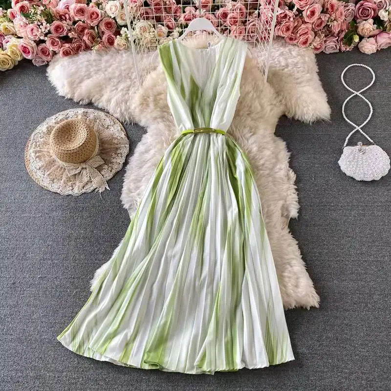 Trending Fashion Long Dress Sleeveless V Neck Tie Die Classy Dress 2021 Women Summer Elegant Formal Evening Dress