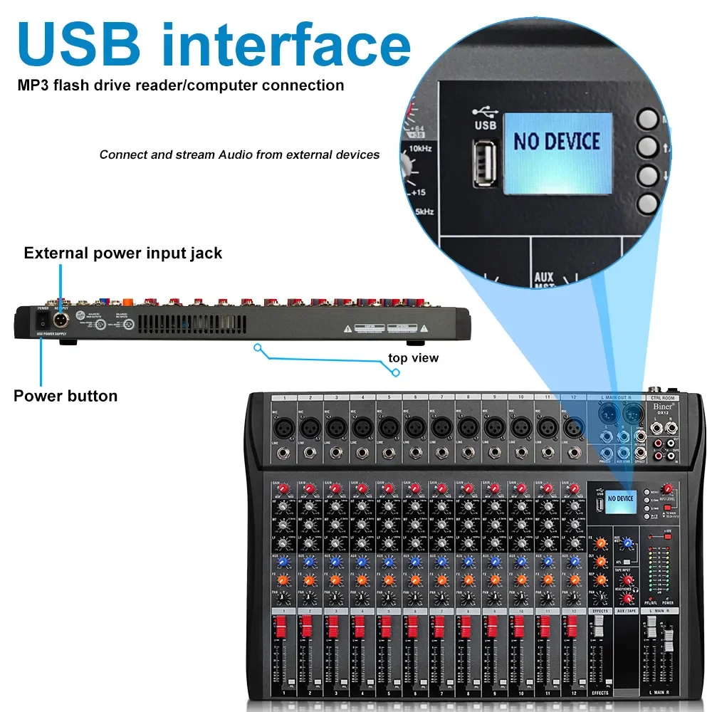 HKR DX12 профессиональная 12-канальная студийная аудио консоль USB MP3 вход 48 В фантомный металлический диджейский микшер