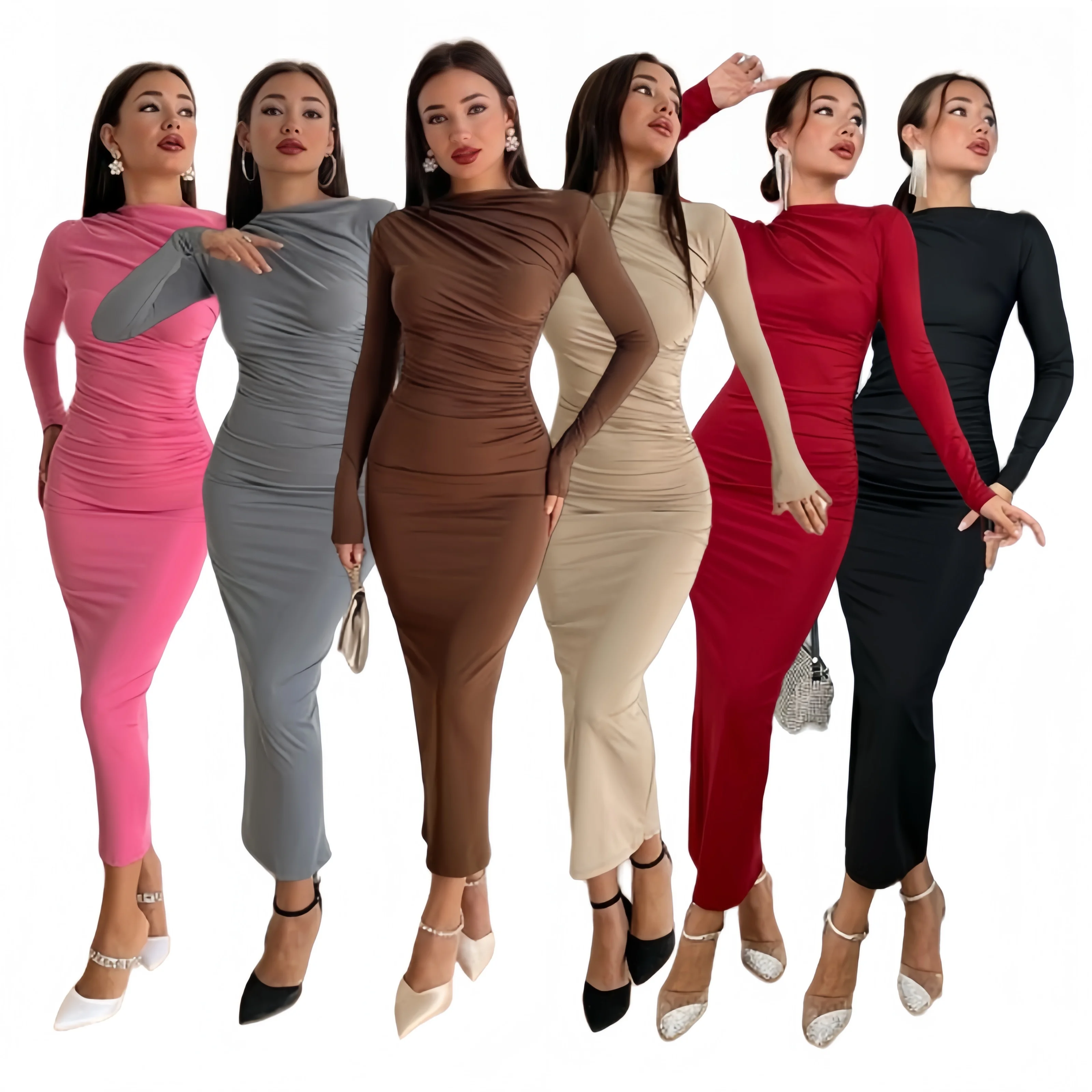 New Lady Elegant Party Dress Long Sleeve Slash Neck Solid Maxi Dress Women Autumn Spring Slim Pleated Dresses