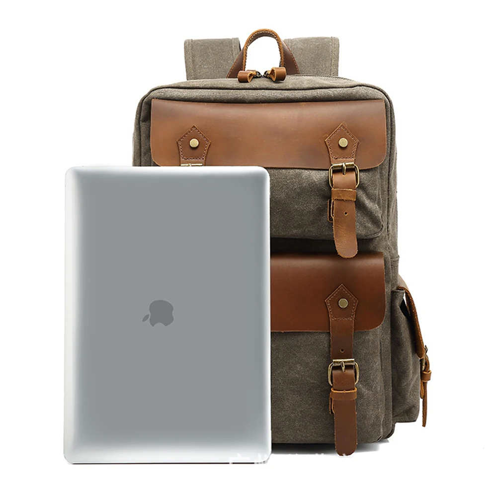 Large-Capacity Vintage Waterproof Genuine Leather Durable Fahion Rucksack Waxed Canvas Backpack for Men