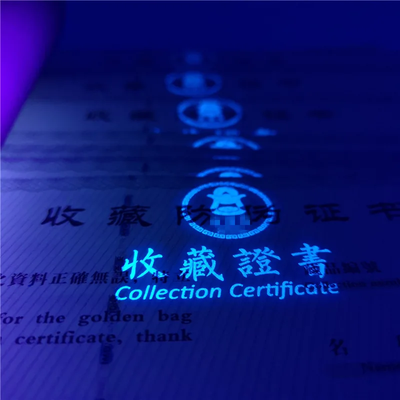 Customized fluorescent temperature change special ink fiber security paper certificate