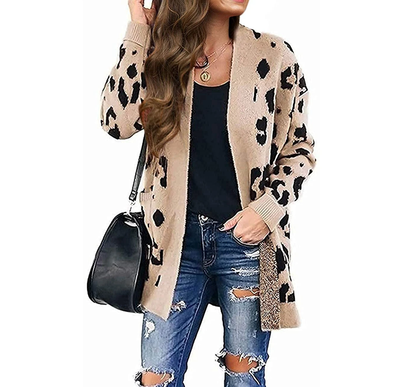 
High quality Ladies Long Sleeve Sweaters Front Leopard Button Womens Knitted Cardigan Sweater Coat with Pocket 