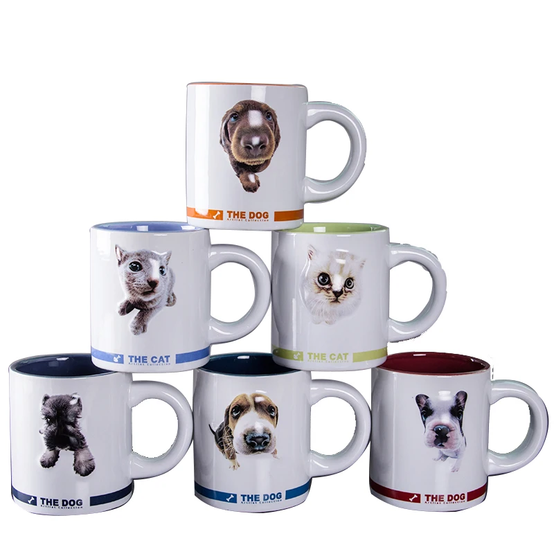 JIA SHUN Wholesale ceramic 3D dog and cat animal face print travel mug with handle