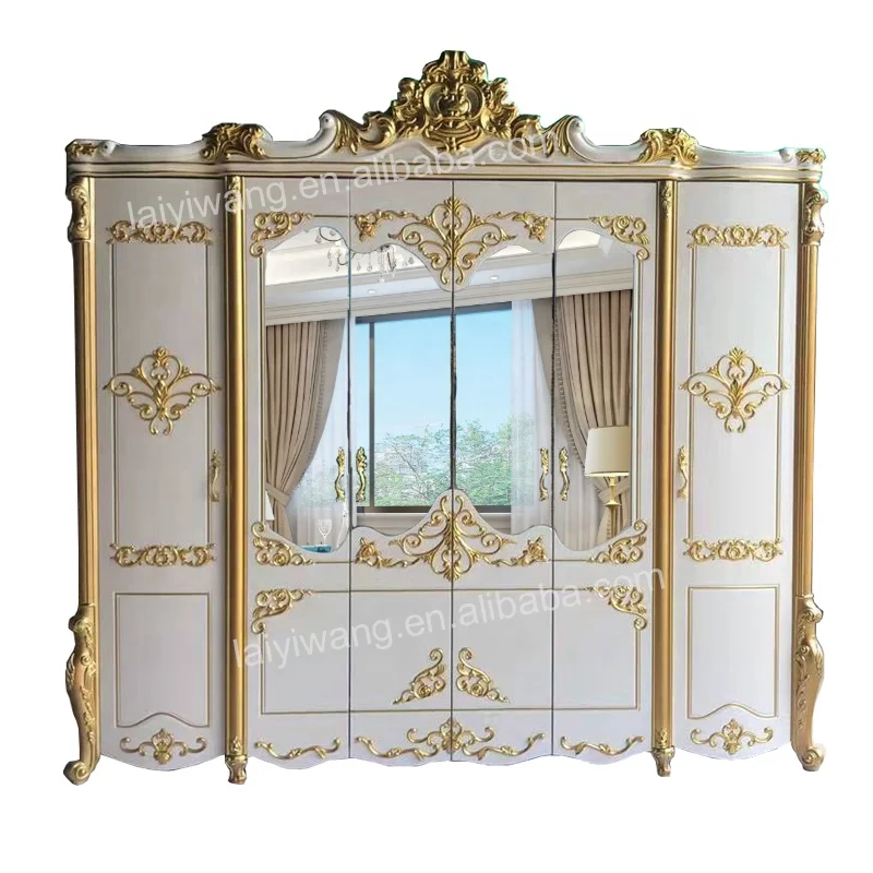 Luxury French Royal Bedroom Furniture Set Classical Wardrobe with Mirror Custom Corner Clothes Cabinet MDF European Wardrobe