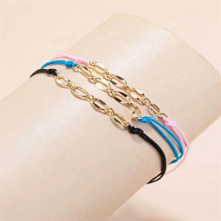 Custom Colorful Design Adjustable Gold Plated Waxed Thread Bracelets 3 Pieces/Set For Lady Girl