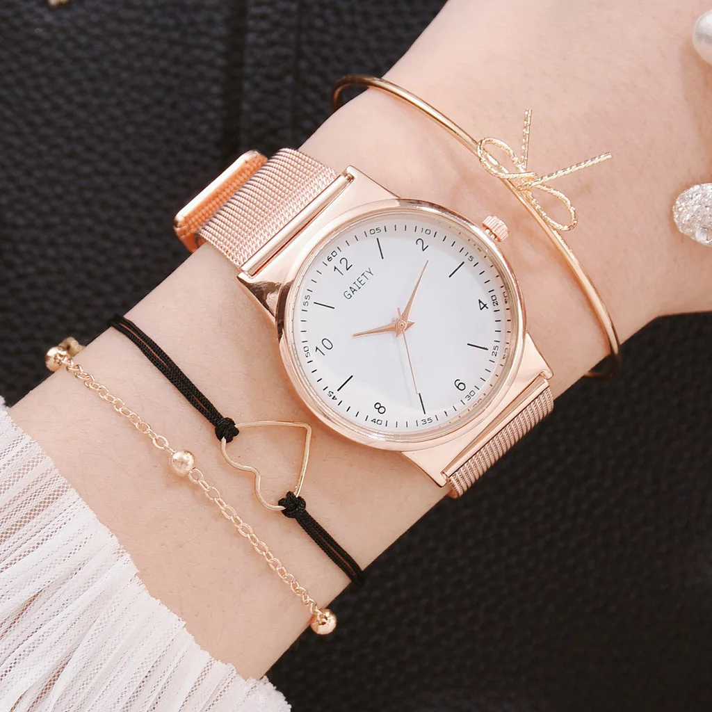 Quartz Wristwatch Alloy Strap Ladies Casual Round Rose Gold Watches Bracelet Set Fashion Jewelry Accessories
