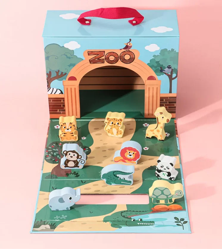 Activity Cube Children Role Play Game Wooden City Farm Zoo Scene Theme Block Box Toy Set For Children