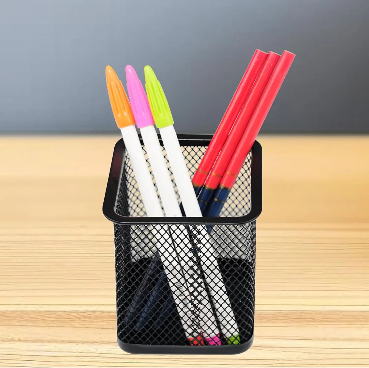 Black Square Metal Wire Mesh Pencil Cup Holder for Desk Organizer for Office Supplies