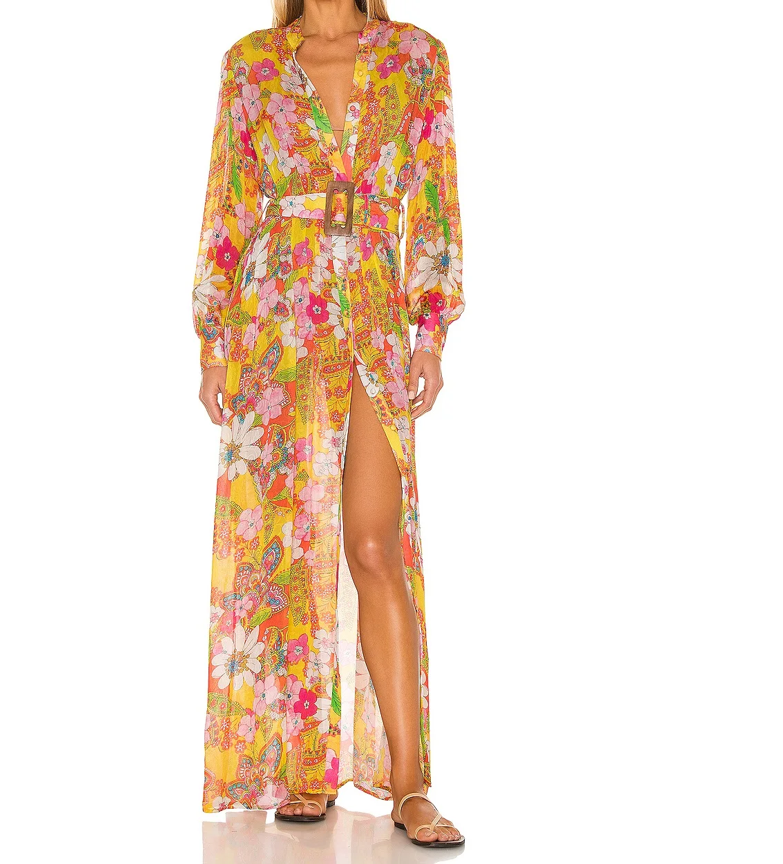 2024 Ladies Summer Floral Print Midi Dresses Casual Daily Clothing Long Sleeve Wholesale MIdi royal blue Dresses with Belt