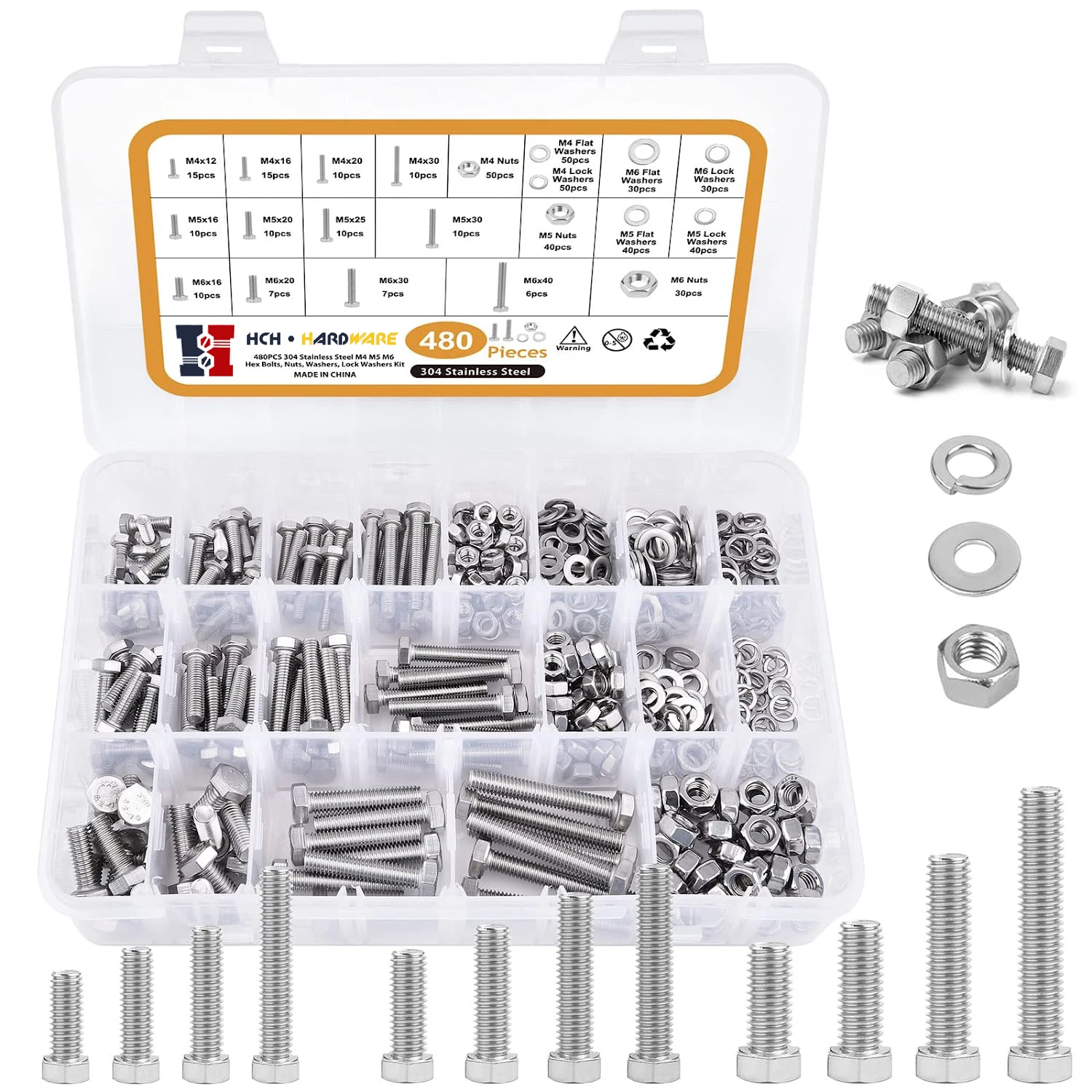 Hex Bolts and Nuts and Washers Assortment Kit 480 Pcs Metric Hex Head Nuts and Bolts Kit