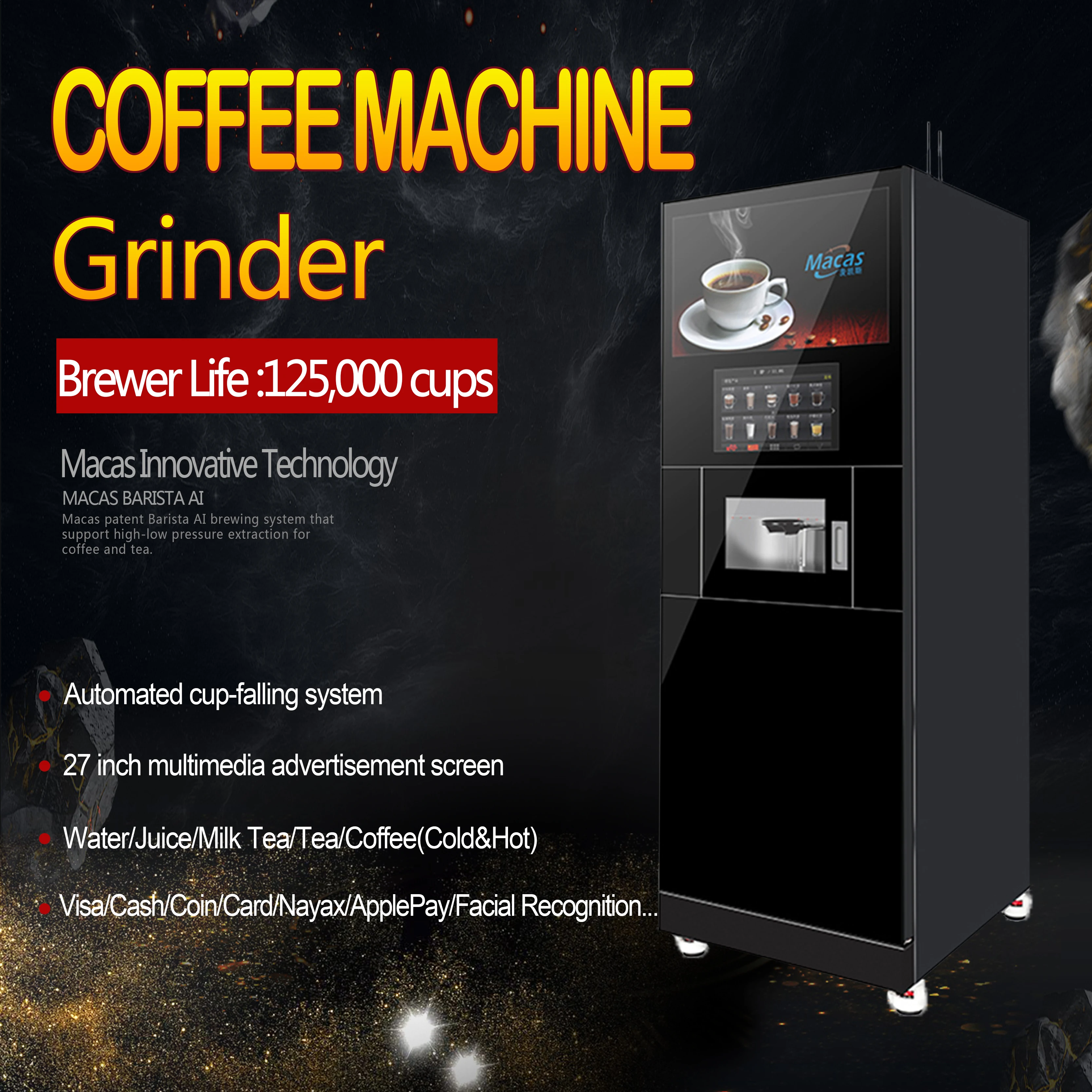 Commercial Coffee Vending machine with 27 Inch Capacitive Advertising Screen fresh coffee&tea machine hot and cold tea brewing