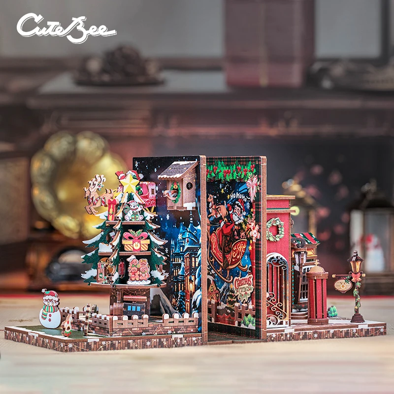 CuteBee New Christmas Style Cube 3D Wooden Puzzles Christmas Cottage Mini Book Nook Use as Christmas Gifts Bookend