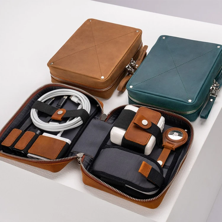 Real Leather Gps Tracker Tech Accessories Organizer Bag Charging Bag Travel Electronics Organizer For Mouse Phone Cable