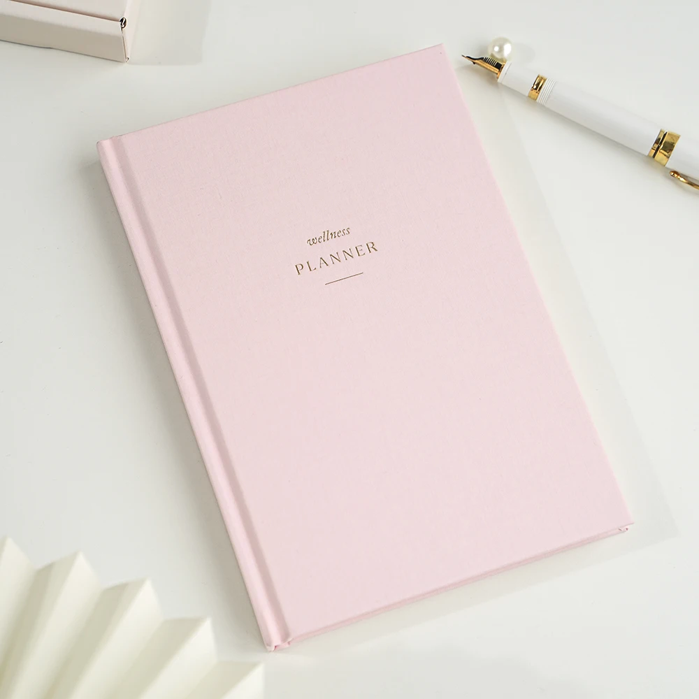 custom printing logo hardcover linen cover A5 bound paper journal notebook wellness planner gift set