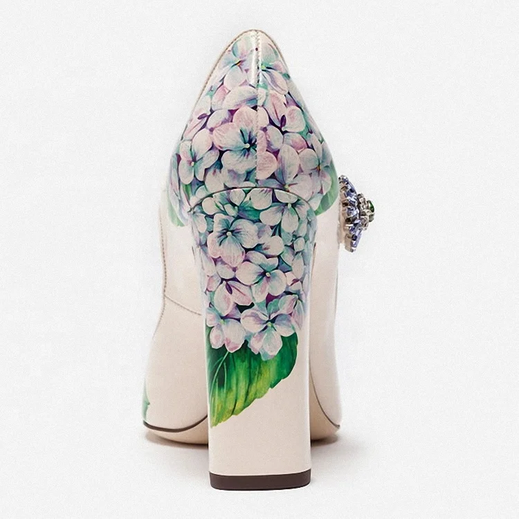 Latest Pump 2020 Women 3D Printing Flower and Rhinestone Chunky Heel Shoes