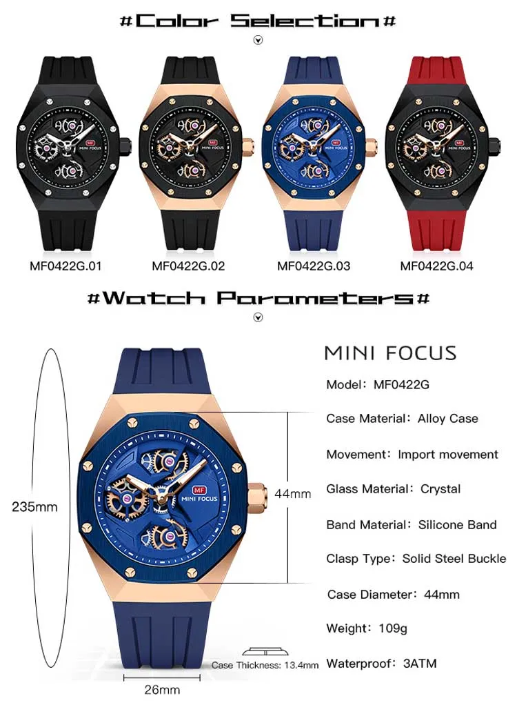 Mini Focus MF0422G Wholesale Blue Gents Quartz Watch Stylish Silicone Band Water Proof Skeleton Vintage Casual Wrist Watch
