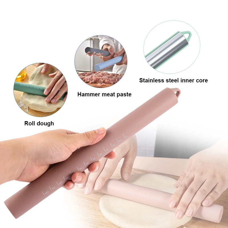 Multiple Color Baking Equipment Dough Meat Roller Silicone Rolling Pin With Hook and Scale