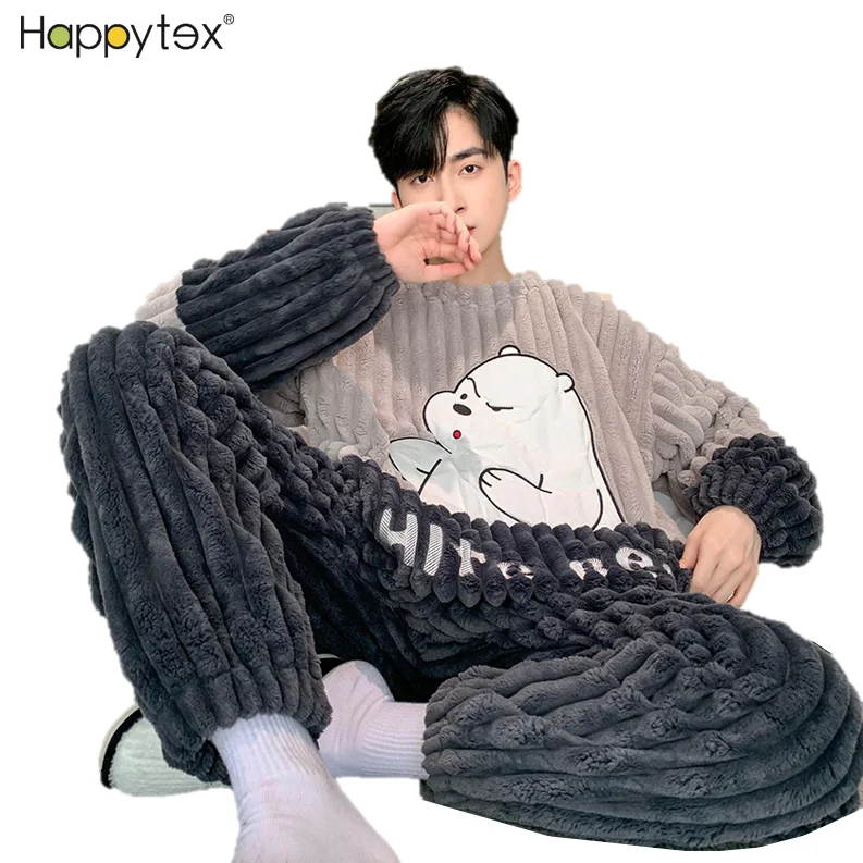 Indoor Home Winter Cute Cartoon Thick Warm Coral Fleece 2 PCS Pajama Set Long Sleeve  Sleepwear for Mens With Large Pockets