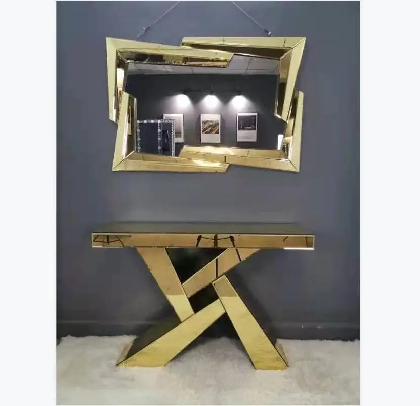 Contemporary Modern Design Console Table Gold Glass Vasagle Hall Table Console Table Mirror Set