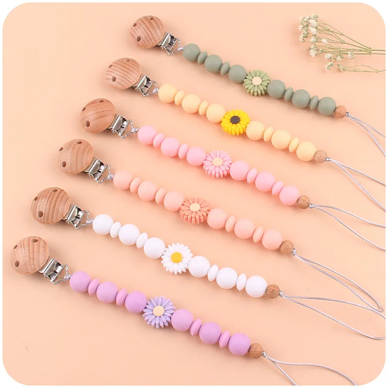 New Natural Food Grade Silicone Beads Cute Small Daisy bead Pacifier Clips Pacifier Holder Chain