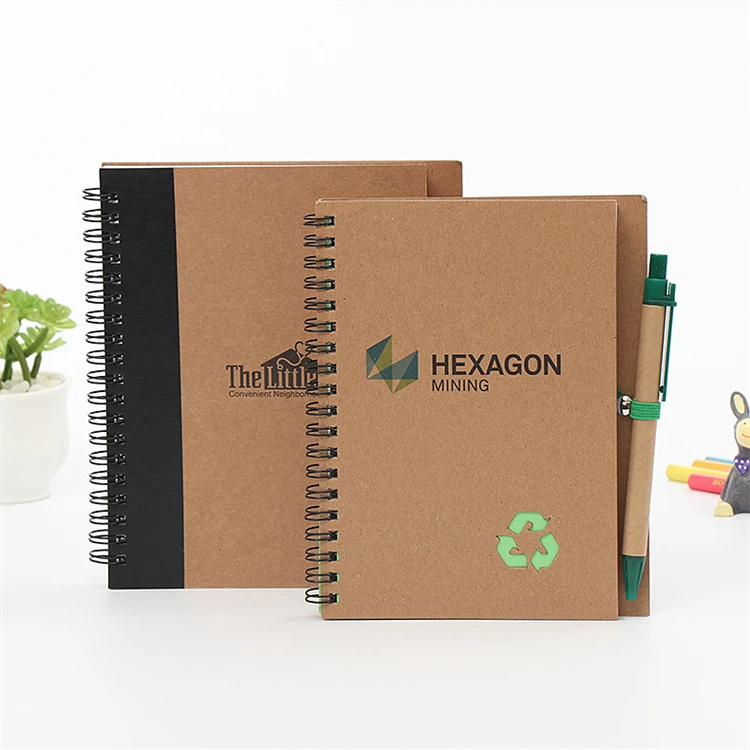 Eco Friendly Bank Hospital Promotion Gift Custom Logo Spiral Kraft Paper Journal Notebook with Pen