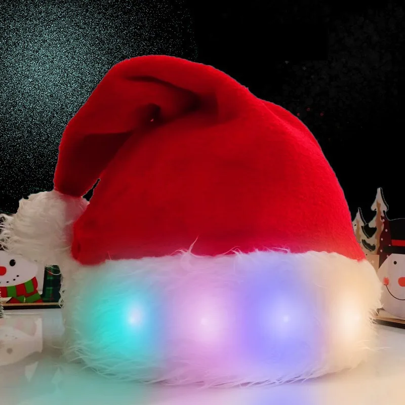 LED Lights Plush Santa Hat Light up Velvet Comfort luminous Hats Christmas Hat for Party Supplies