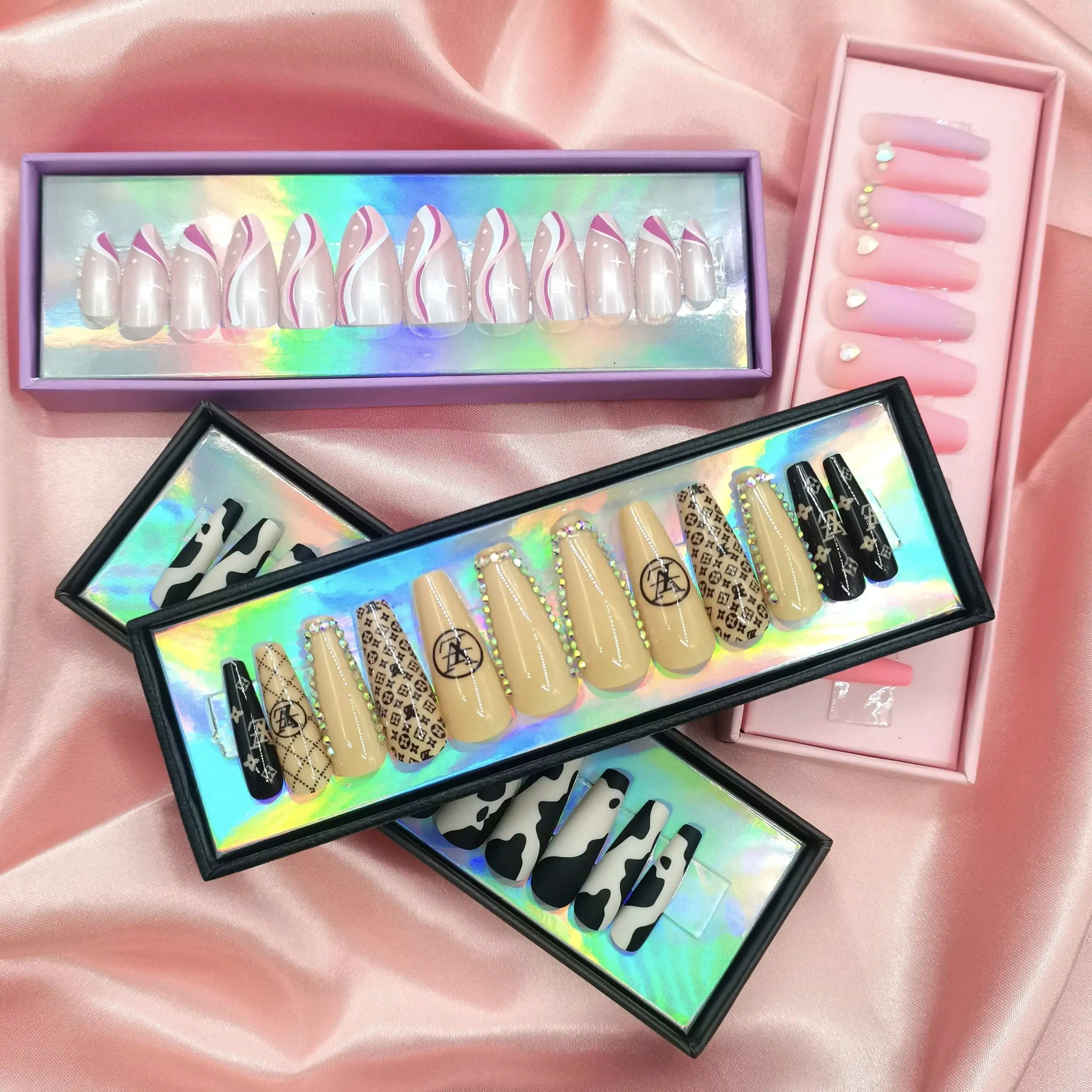 INS Hot Wholesale Rhinestones ABS Acrylic Artificial Fingernails Custom Private Label Packaging Box Long Press On Nails Vendors