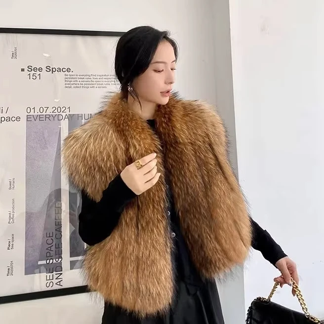 Natural Color Fluffy Luxury Fur Vest Women Elegant Raccoon Fur Gilet Sleeveless Fox Fur Gilet