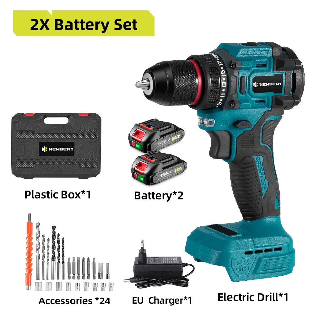 Newbeny 18V 10mm Electric Brushless Power Drill Cordless Screwdriver Impact Drill For makita 18v battery